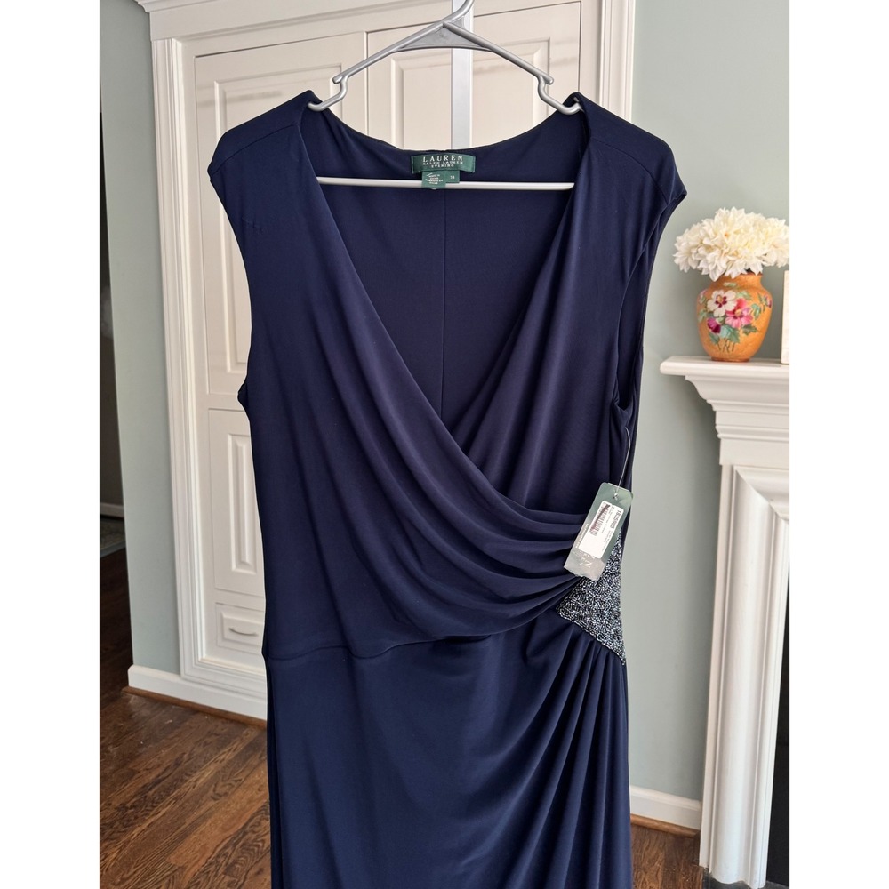 New Lauren Ralph Lauren Evening Navy Draped Gown Rhinestone Detail 14‎ Formal - Picture 2 of 13